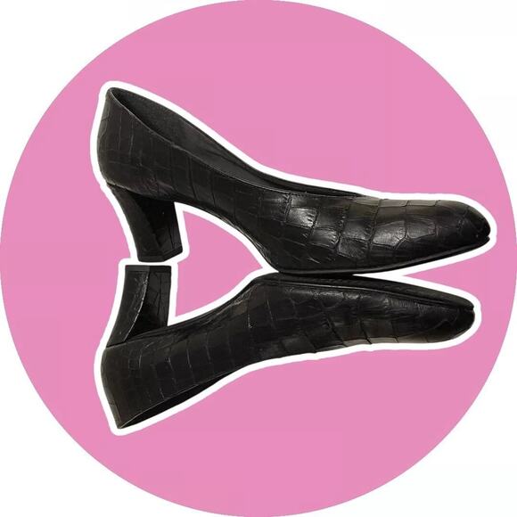STUART WEITZMAN Black Croc 80s Vintage Leather Heel Pumps Women Size 9.5 AA - Picture 1 of 13